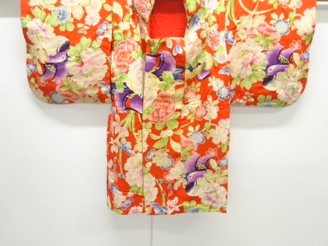 JAPANESE KIMONO / ANTIQUE HIFU COAT FOR GIRLS / KINSHA / FLOWER & BIRD